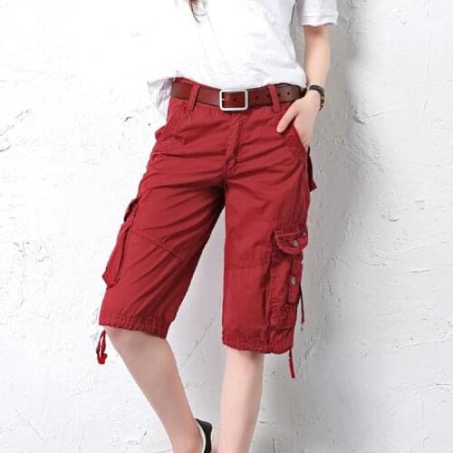 Womens Knee Length Cargo Pants Multi-pockets Outdoor Casual 5-points Denim Trousers For Travel Combat Pants Plus Size