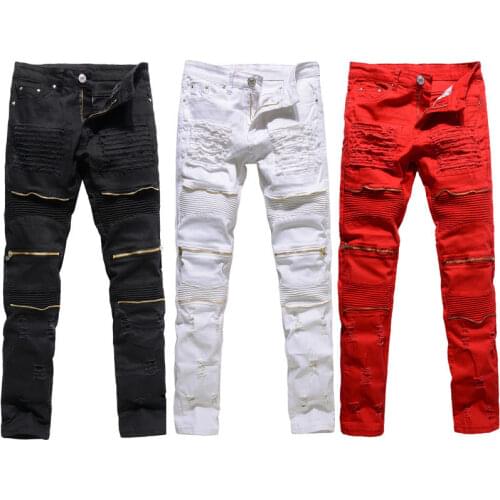 Classic Slim Mens Jeans Men Clothing Fit Straight Biker Ripper Zipper Full length Mens Pants Casual Pants size 36 34 32