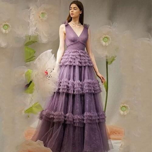 Purple Long Prom Dresses 2021 A-Line Ruffles V-Neck Sleeveless Evening DressTulle Tiered Formal Party Gowns vestido de fiesta