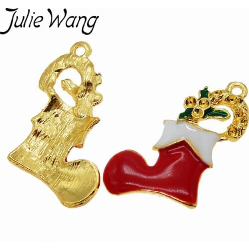 Julie Wang 12PCS Gold Color Alloy Base Red White Christmas Stocking Sock Shape Pendant Charms Making Children Xmas Gift Findings