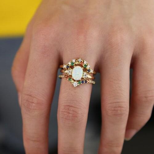 White opal stone paved 3pcs ring set with rainbow CZ Elegant Lady women Party wedding Finger ring Jewelry Accessories jewelry