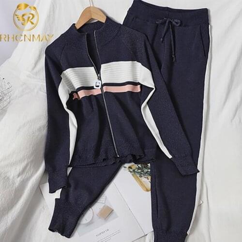 2020New Spring Autumn Knitted cardigan women sets two pieces Fashion Chaopai sweatshirts and match female pant suits