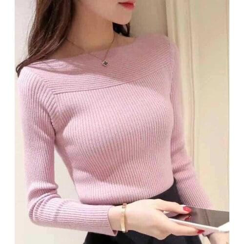 Korean womens boat neck shirt elastic short slim bottoming shirt womens long sleeve Pullover Sweater winter sweater solid