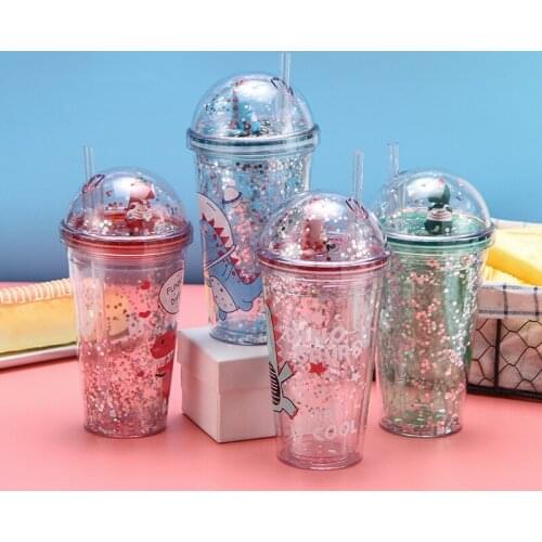 Summer Cup Dinosaur Sippy Cup Sequins Double Plastic Cup Korean Version Creative Trend Fashion Student Water Cup Water Drinking