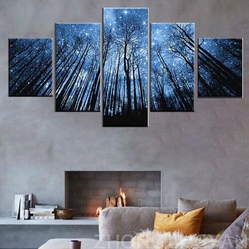 Modular Pictures Home Decor Wall Art 5 Pcs Forest With Bule Starry Sky Modern Canvas Prints Painting Minimalism Bedroom Poster