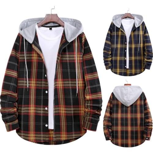 Mens Plaid Shirt Korean Casual Couple Hooded Shirt men shirt longsleeve shirt for men