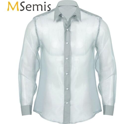 Mens Shiny See-through Organza Shirt Turn-down Collar Long Sleeve Button Down Shirts Tops Party Club Stage Performance Costume