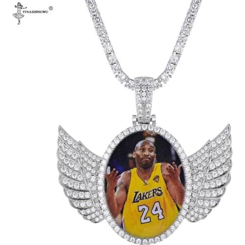 Custom Made Photo With Sngel Wings Necklace & Pendant Rope Chain Free Gold Silver Color Cubic Zircon Mens Hip Hop Jewelry 50MM