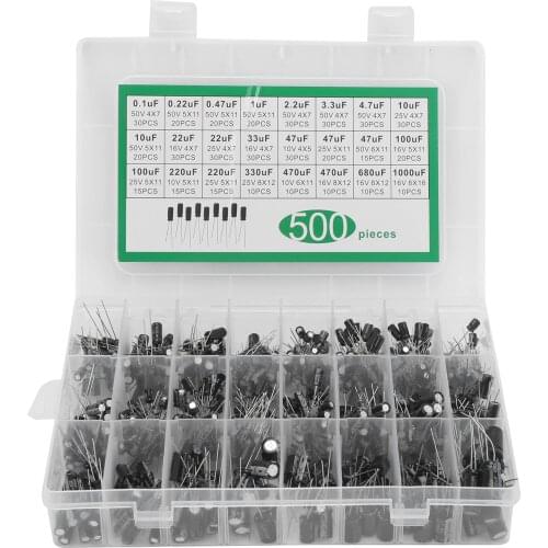 500Pcs Electrolytic Capacitor Kit 24 Value Assortment Box 0.1uF-1000uF 10V/16V/25V/50V