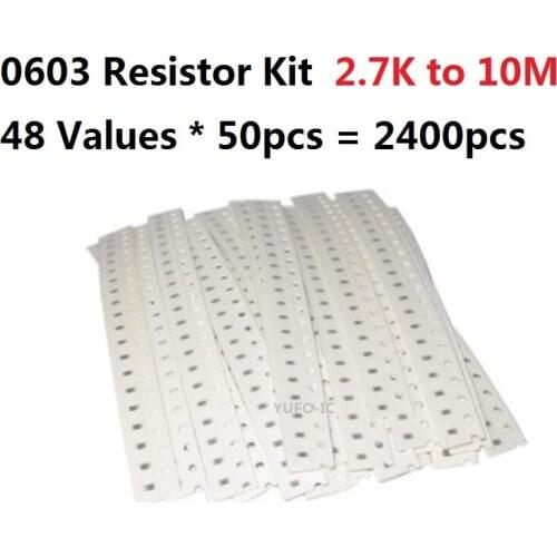 48 Values*50pcs=2400pcs SMD 0603 Resistor kit 2.7K Ohm-10M 5% Resistance Assorted kit set 10K 18K 22K 47K 51K 100K 1M chips pack