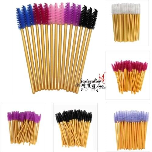 New Arrival 50Pcs/Lot Golden Handle Disposable Eyebrow Brush Micro Mascara Wand Soft Head Eyelash Extension Makeup Tools