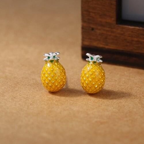 925 Sterling Silver Yellow Pineapple Stud Earrings Sweet Cute Girl Pineapple Earrings Fine Jewelry For Women