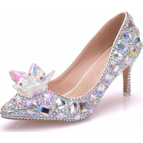 Spring Autumn New Styles Pumps Women Rhinestone Flower Pointed Toe Thin Heels 7CM High Heels Womens Wedding Shoes