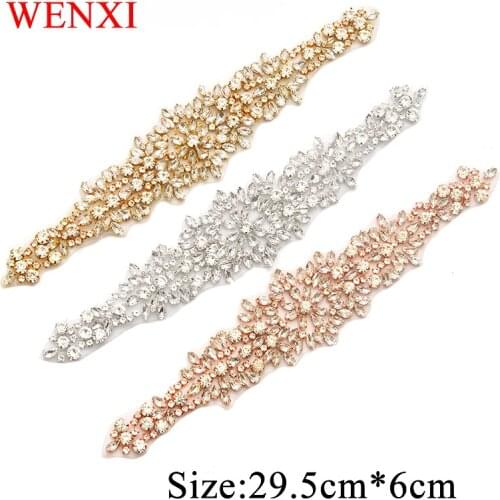 WENXI 1PCS Hand Rhinestones Appliques Rose Gold Sew On Silk With Beads Sewing for Wedding Party Dress Waistband Accessory WX898