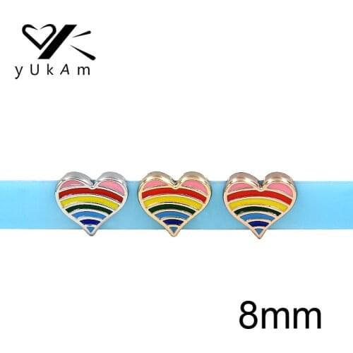 YUKAM 8mm Kids Slider Small Love Enamel Colorful Rainbow Heart Slide Charms Keeper for Mesh Bracelets Jewelry Accessories Making