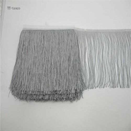 YY-tesco 10Meter 20CM Long Lace Fringe Tassel Trim Silver Fringe Trimming Polyester Sew Latin Dress Stage Garment Accessories