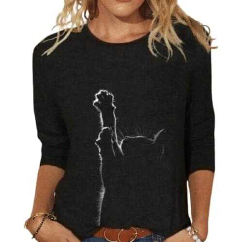 Women Blouse Top Cat Chasing The Moon Print shirt Plus Size 5XL Casual Black shirts Long Sleeve Funny Cartoon Tees Female