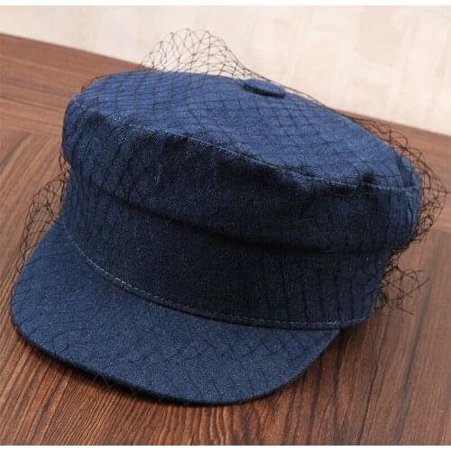 Lady Fashion Rodeo Baseball Cap Gauze Decorated Flat Baseball Hat Top Navy Curving British Vintage Veil Cap Adjust B-8915