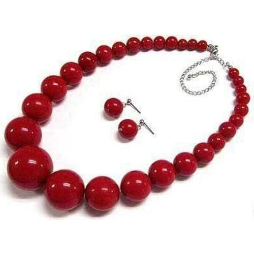 Womens Wedding Beautiful! 7-15mm Red Coral Round Beads Necklace Earrings Set real new-jewelry