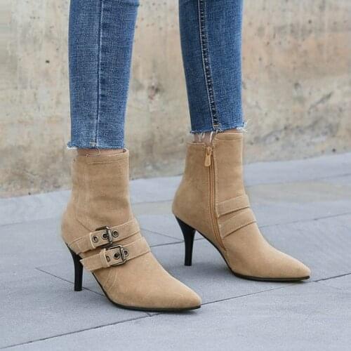 Flock pointed toe thin high heels womans boots buckle strap winter fleece womens ankle booties grey martin boots big size 33-48