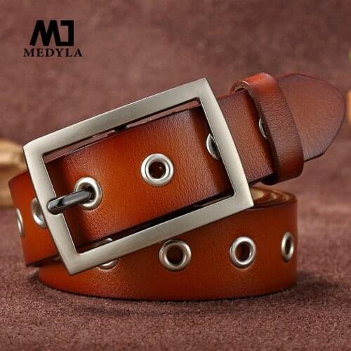 MEDYLA Woman Belt Punk Style Hollow Rivet Ladies Belt Real Leather Trend Simple Wild Thin Belt Plus Long Fashion Belt L08