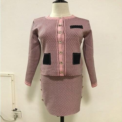 Women Knit Cardigan Sweaters+Skirts 2PCS Sets Long Sleeve Print Geometric Pattern Single Breasted Sweater Buttons Skirt Sets
