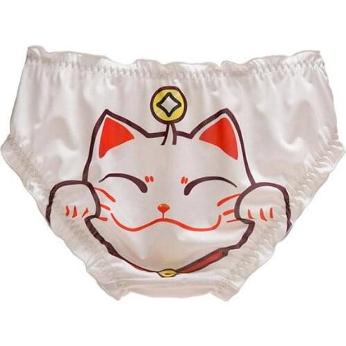 Milk Silk Lucky Cat Print Women Underwear Low Waist Ruffle Sexy Bell Decoration Girl Panties Japanese Style Cute Lovely Breifs