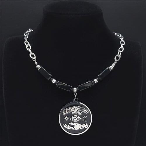 Witchcraft Hand Eyes Stainless Steel Black Natural Stone Necklaces Pendants Women Silver Color Chain Necklace Jewelry N3288S03