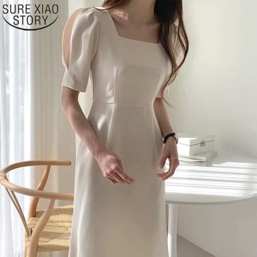 2021 New Casual Vintage Dress French Style Square Collar Mermaid Dress for Women Summer High Waist Apricot Black Dresses 14701