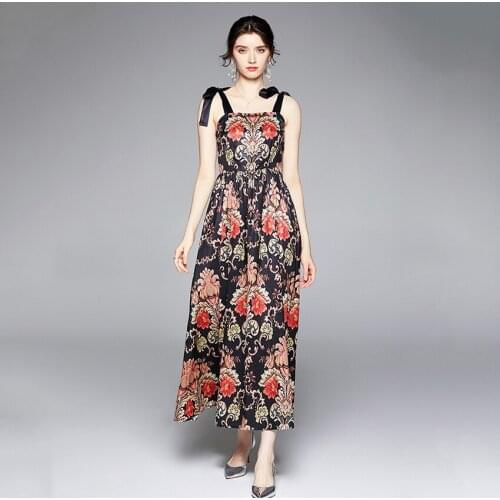 European Fashion Floral Print Vintage Dress Summer Holiday Maxi Dress Women Sleeveless Sundress Long Party Dresses Vestidos