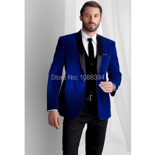 Custom Made 2018 Royal Blue Velvet Blezer Formal Wedding Tuxedo Groom Wedding Suits Best Man Suit (Jacket+Pants+Vest+Tie)
