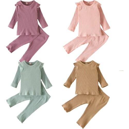 2020 Infant Baby Girl Boy Clothes 2pcs 0-4Y Autumn Toddler Ruffle Fly Sleeve Top T-Shirt+Long Pants Set Outfits Pajama Sets