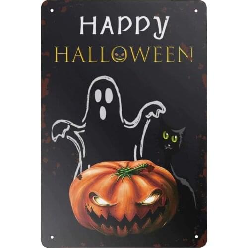 Angeloken Retro Tin Sign Happy Halloween Spooky Ghost Pumpkin Jack O'Lantern Cat Vintage Metal Sign for Wall Poster for Home