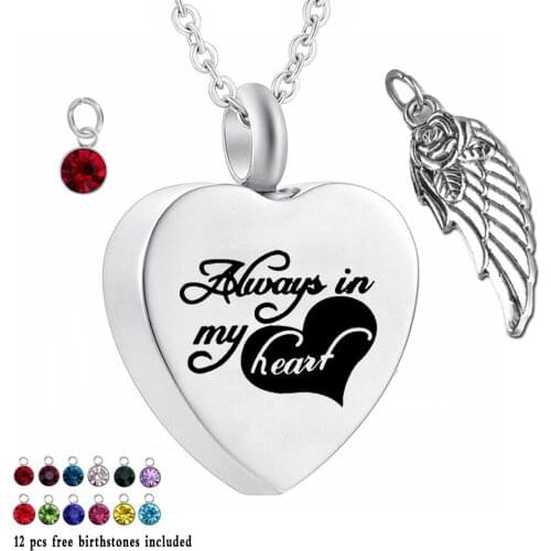 Always in My Heart 12 Piece Birthstone Crystal Urn Necklace Heart Memorial Keepsake Wing Pendant Cremation Jewelry for Ashes