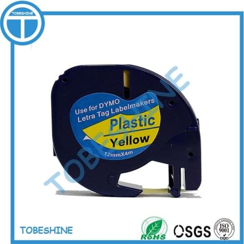 Black on Yellow Dymo Plastic Tapes Used For DYMO LetraTag 91202 Printers 12mm x 4m 1/2" W X 13' L