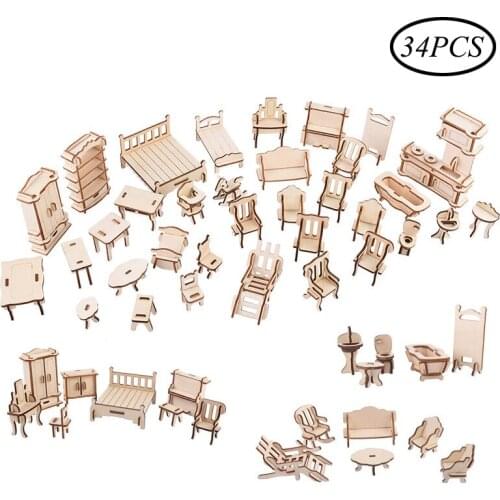 Children 3D Wooden Puzzle DIY Mini Furniture Building Model Toys 1:12 Doll House Accessories Educational Toys For Children 34PCS