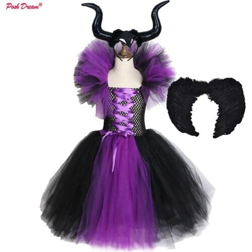 Purple Black Girls Witch Tutu Dress with Wings Handmade Tulle Halloween Costume Carnival Cosplay Party Photo Girls Tutu Dress