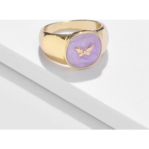 SRCOI Trendy Geometric Colorful Drip Glaze Butterfly Moon Sun Round Metal Ring Women Girls Lovely Jewelry Accessories Gifts