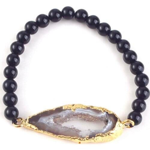 Kraft-beads Light Yellow Gold Color Irregular Shape Agates Connect Black Agates Round Beads Bracelet