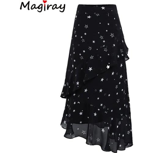 Magiray Stars Print Chiffon Long Skirts Womens Elastic High Waist Ruffle Midi Skirt Summer 2018 A Line Floral Black C478