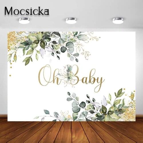 Mocsicka Oh Baby Backdrop for Baby Shower Greenery Jungle Gender Neutral Gold Green Leaves Party Decoration Photo Background