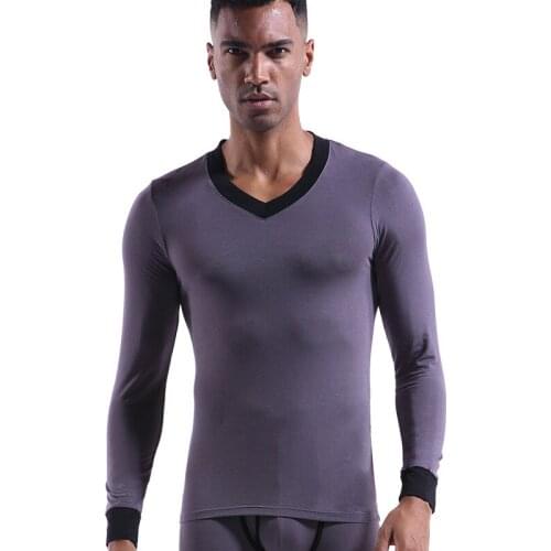 Modal Thermal Underwear Men Thin Warm Tops Winter Thermo Clothes V Neck Patchwork Long Sleeves