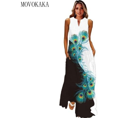 MOVOKAKA Fashion Dress Women 2021 Peacock Feather Print Beach Casual Plus Size Dresses Summer Loose Dresses For Women Long dress