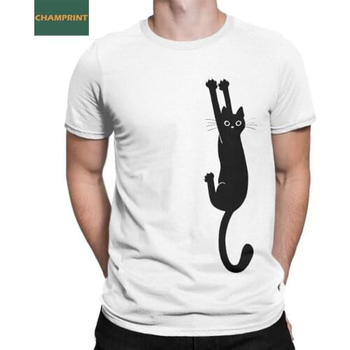 Black Cat Holding On T Shirt Men Pure Cotton Vintage T-Shirts Round Collar Tees Short Sleeve Tops Plus Size