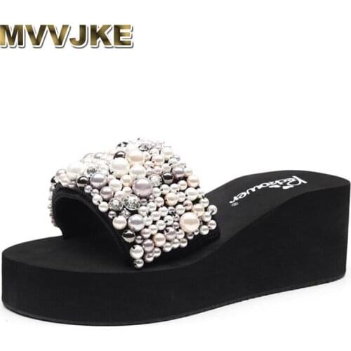 MVVJKE Women Sandals Shoes Summer Pearls Platform Sandals Ladies Casual Gladiator Sandals Plus Size Women Flip Flops Women Slipp