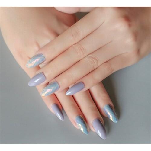 New 24Pcs/set UV Gel Cover False Nails Grey Glitter Nude Ladis Press On Fingernails Stiletto Pointed with Adhesive Tabs daily
