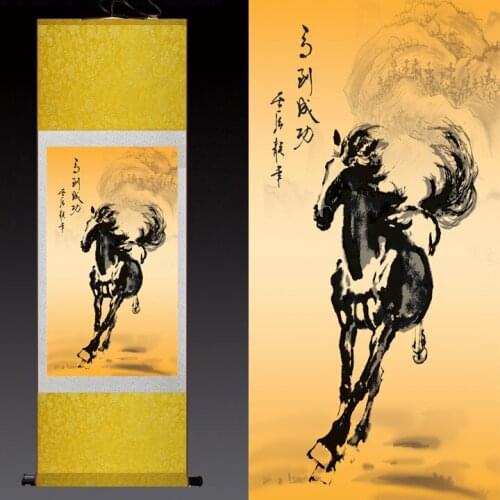 Wholesale #2020 Home office WALL art TOP efficacious Protection Talisman FENG SHUI success horse art chinese silk painting