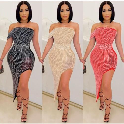 Ladies Sexy Strapless Dress Kawaii Bodycon Dresses Summer Hot drilling Irregular Elegant Dresses For Women Red Clothing Birthday