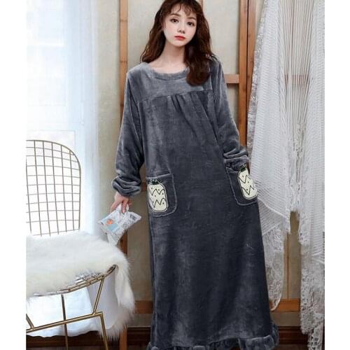 Casual long night dress women flannel warm nightgowns long sleeve loose sleepwear home clothes sexy nightwear kimono robes