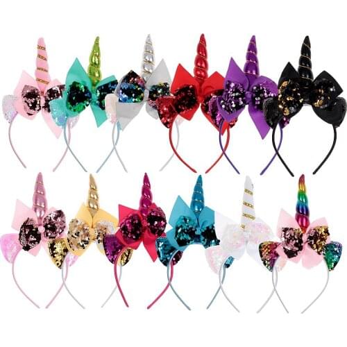Nishine 1PCS Unicorn Hairbands for Kids Girls Party Headwear Sequin Ribbon Bows Headbands Children Photography Props Cute Gifts